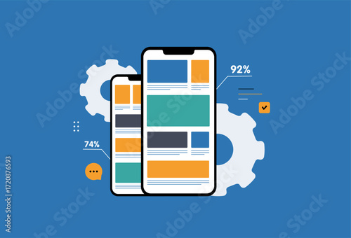 AB testing mobile app analytics dashboard - ux performance metrics and user conversion optimization for responsive UI. Mobile split test results and ab user behavior insights vector illustration
