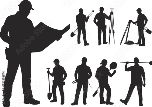 Silhouettes of construction workers with tools, blueprints, shovels, measuring equipment, wearing helmets, working on building site, construction industry, teamwork, labor