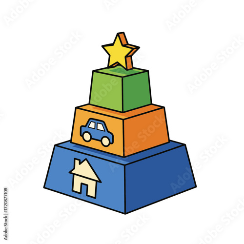 A colorful illustration of a pyramid representing financial goals for a house, a car, and success