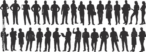 Silhouettes of business professionals, team standing, office staff illustration, corporate group, teamwork concept, leadership, collaboration, success, company diversity