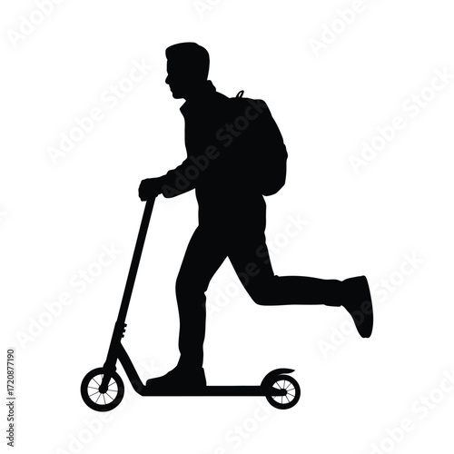 Silhouette of a person riding a scooter with a backpack