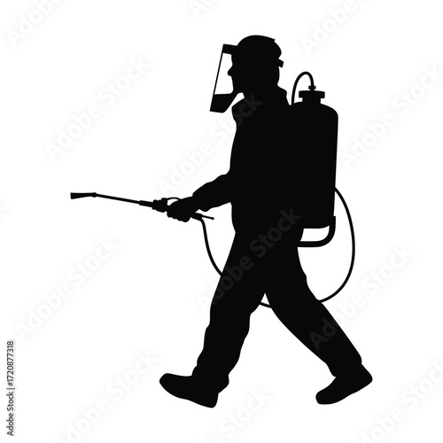 Silhouette of a person spraying with a backpack sprayer