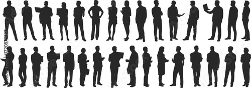 Silhouettes of corporate professionals, office team standing, teamwork concept, business people, leadership, communication, collaboration, diversity, career success, unity
