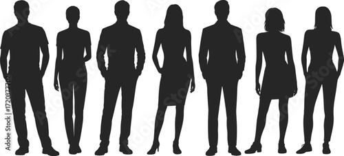Silhouettes of diverse business men and women standing confidently together, professional team, corporate unity, teamwork, leadership, office colleagues, group success