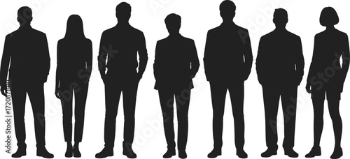 Silhouettes of diverse business people standing in a row, professional team, leadership, corporate unity, teamwork, confident men and women