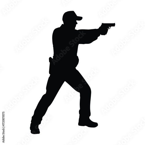 Silhouette of a person aiming a handgun in a defensive stance