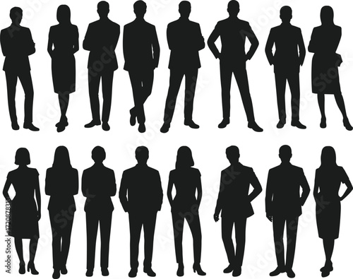 Silhouettes of diverse business people standing confidently, corporate team, professional leadership, teamwork concept, office workers, modern business, success, formal attire, teamwork