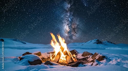 Scenic campfire flickering against snowy landscape and milky way time lapse video