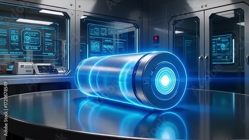 Sleek metallic cylinder rests on a polished surface within a futuristic laboratory, glowing blue screens displaying data in the background