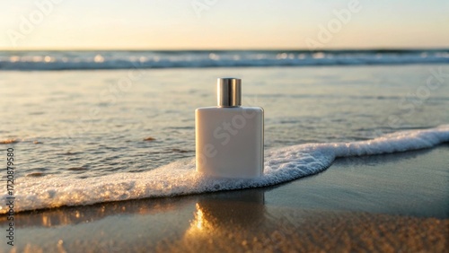 white perfume bottle on the beach near the sea