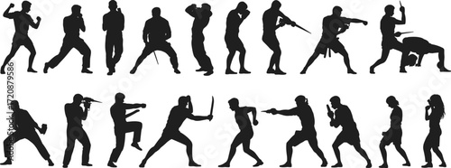 Silhouettes of fighters with weapons, in action poses, tactical stances, martial arts, knife fighting, and gun combat training.
