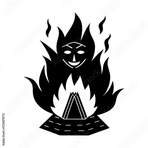 Stylized bonfire with a face in the flames and a stacked wood base
