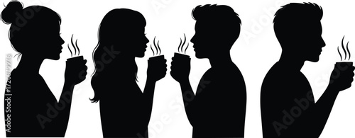 People drinking hot coffee silhouette illustration, man and woman holding cup, beverage steam vector design, relaxing morning drink, tea break lifestyle