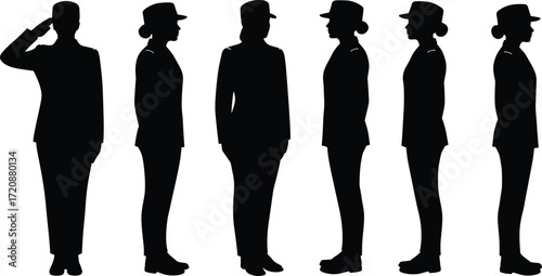 Silhouette female soldier in uniform with hat, standing, saluting, side and front view, military woman illustration, vector design for army, defense, discipline, respect