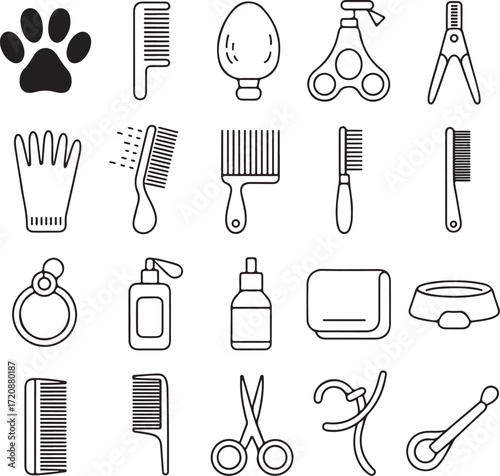 Set of Twenty Four Line Art Pet Grooming Tools on White Background pet care dog grooming