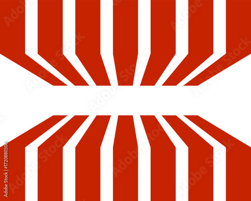 Abstract geometric pattern with bold red shapes forming symmetrical lines on a white background, creating a modern optical illusion effect.