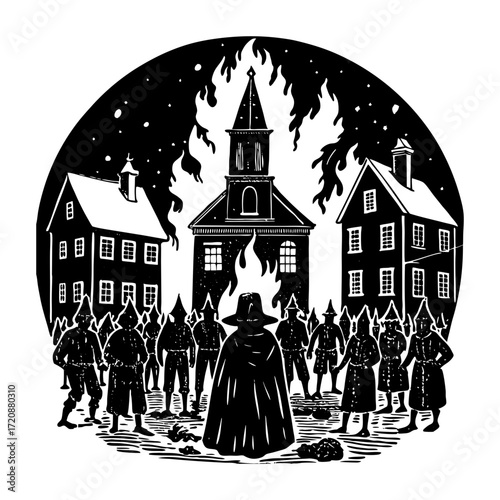 Woodcut style illustration of a burning building with a crowd of people