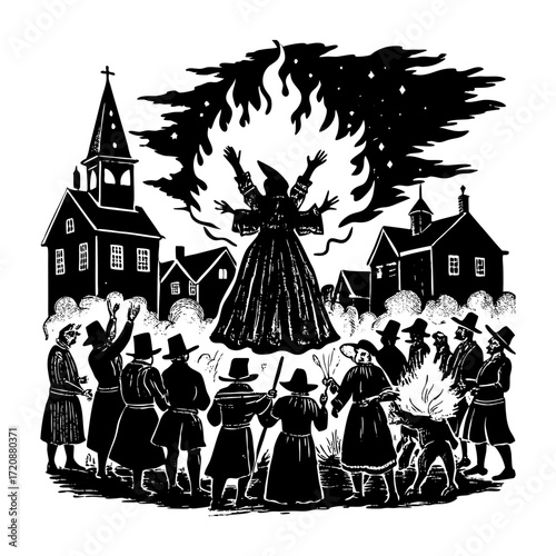 Woodcut illustration of a witch burning with villagers and a church