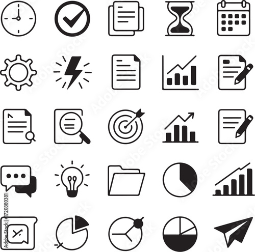 Twenty Four Line Art Icons Representing Productivity and Business Concepts icon set work