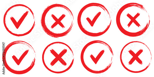 Set of tick and cross brush icon collection. Grunge brush stroke checkboxes with tick and cross symbols. Hand drawn checklist symbols. Green check mark and red cross mark vector icons. EPS 10