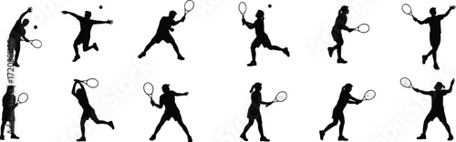 Silhouettes of male and female tennis players in various action poses, hitting ball, playing sport, using rackets, isolated on white