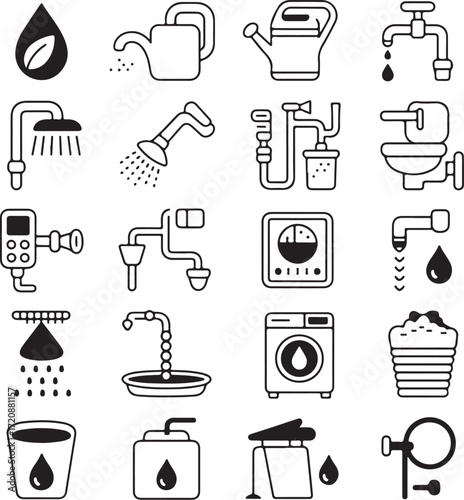 Set of Twenty Four Line Art Water Conservation Icons with Transparent Background collection symbols