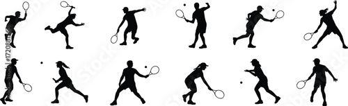 Silhouettes of male and female tennis players, action shots, playing tennis, hitting ball, sport activity, tennis racket, athletic movement, competition, fitness