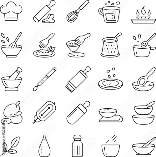 A set of twenty four line art home cooking baking utensil icons on a white background vector