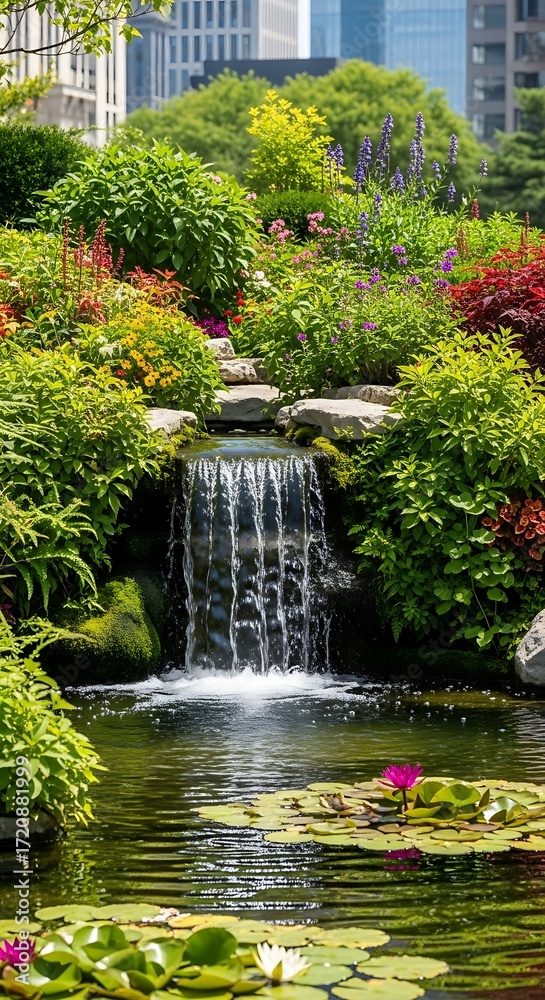 Obraz premium Urban Park Waterfall Lush Greenery.