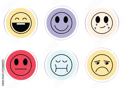 Set of six circular emoticons showing different emotions