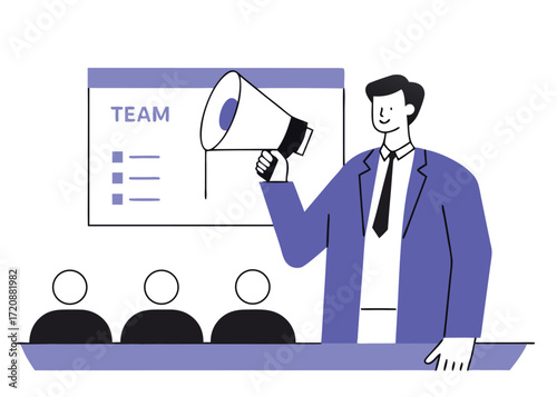 Speaker with megaphone addressing an audience presenter