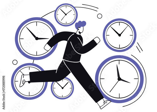 Man Running Surrounded by Clocks time watches
