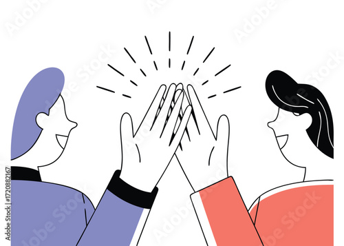 Two people giving a high five with radiating lines Keywords: high five, success, celebration