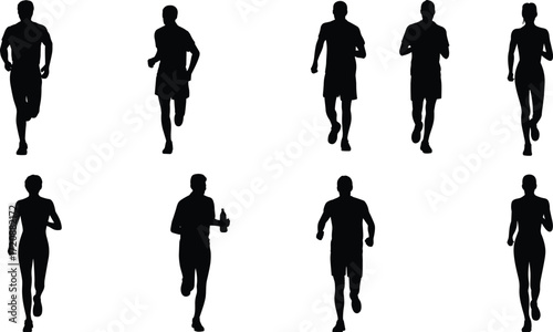 Silhouettes of men and women running, jogging, fitness exercise, healthy lifestyle, outdoor workout, cardio training, athletic activity, sport, endurance, energy, health, movement, active lifestyle.
