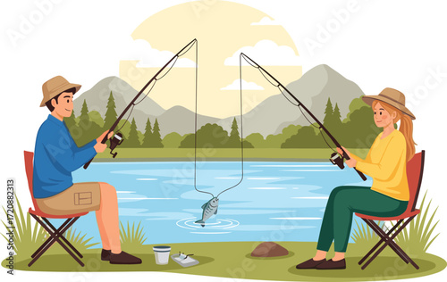 Cartoon Fishing Icons Featuring Lake Scene with Catch, Folding Chairs, Gear, Nature Background, Leisure Mood, and Outdoor Adventure Theme