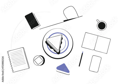 Overhead view of desk with sandwich and notebook flat lay