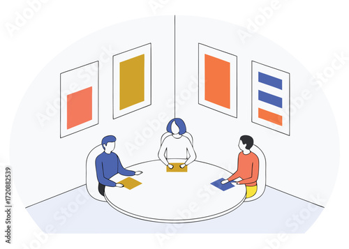 Three people in a meeting around a circular table discussion