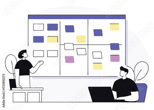 Two people looking at a Kanban board with sticky notes