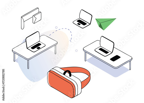 Workspace with Laptops and VR Headset desk computer