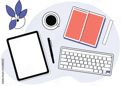 Minimalist desk setup with tablet keyboard and coffee