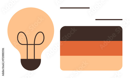 Lightbulb representing creativity next to three horizontal bars in orange and brown hues. Ideal for ideas, innovation, brainstorming, creativity, simplicity, modern design, abstract thinking in