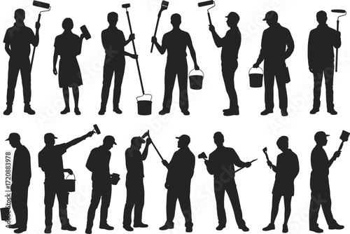 Silhouettes of painters with tools, painting walls, holding paint rollers and buckets, ideal for renovation, maintenance, labor, construction, work.