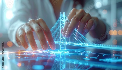 A woman interacts with a three-dimensional illuminated digital bridge model, representing the concepts of innovation, technology, engineering, and future planning. This image demonstrates the integran