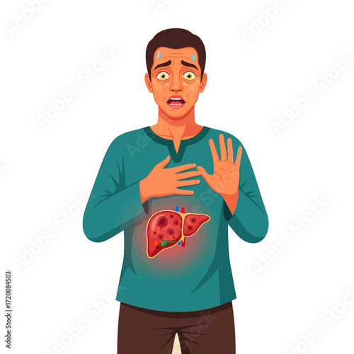 Worried man with liver disease symptom illustration, showing concern about his health and well-being, raising awareness for liver health and prevention