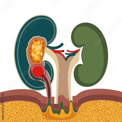 Kidney stone graphic for medical presentations showing blockage and organ health, perfect for educational materials and healthcare websites