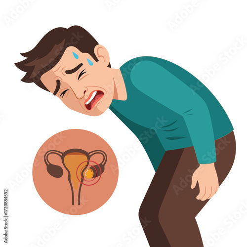 Man experiencing severe pain from ovarian cancer with sweat and distress, highlighting women's health issues, seeking medical awareness and early detection