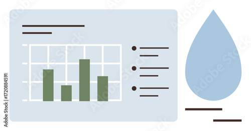 Chart with green bars next to a blue water drop highlights statistics and environmental data insights. Ideal for ecology, sustainability, data analysis, water management, climate change, business