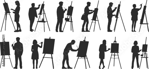Silhouettes of people painting on easels, artist working on canvas, creative art class, drawing activity, painters at work