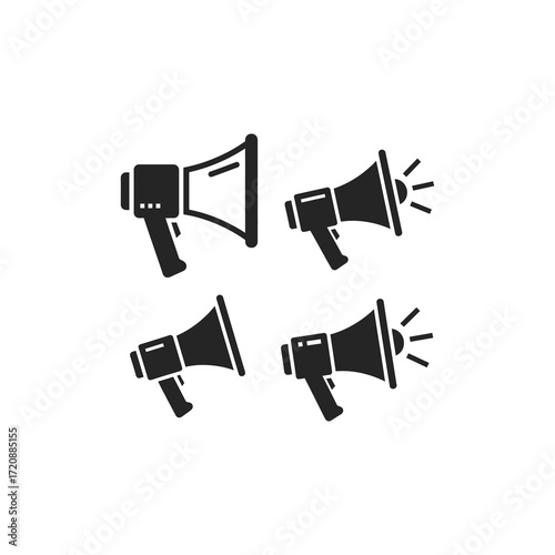 A set of four black megaphone icons, some with sound waves, symbolizing announcement and communication.