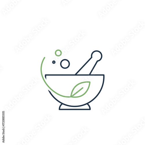 The Art of Healing: An artistic depiction of a mortar and pestle, symbolizing the art of healing and wellness, showcasing a leaf in a minimalist yet impactful design. 